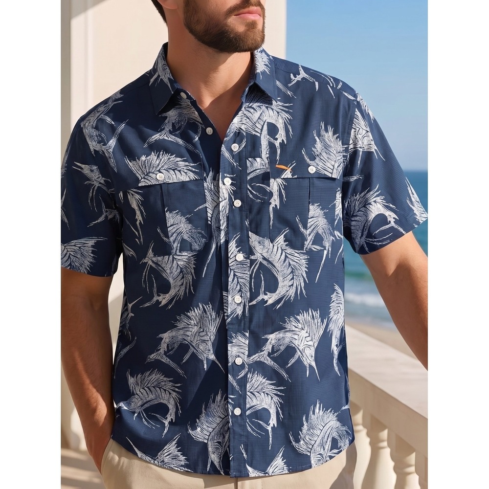 Bob‎ Timberlake Mens XL Fishing Shirt Blue Marlin Print Vented Ripstop Button Up